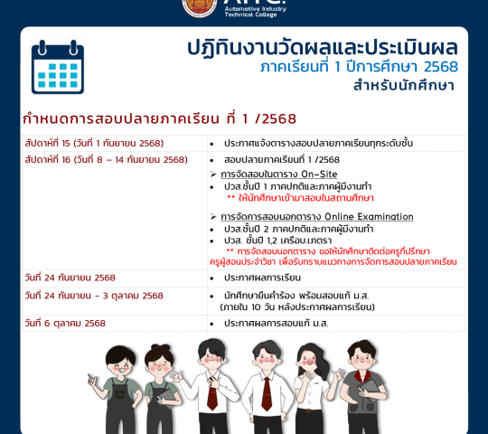 ปฎิทินงานวัดผลและประเมินผล ภาคเรียนที่1/2568 สำหรับนักศึกษาและครูผู้สอน