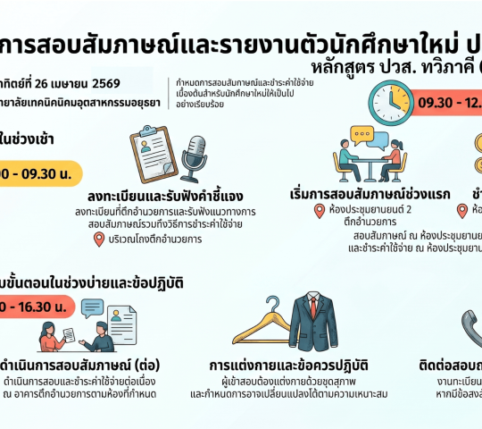 กำหนดสัมภาษณ์และรายงานตัวนักศึกษาใหม่ หลักสูตร ปวส. ทวิภาคี (ผู้มีงานทำ) 